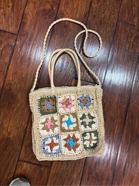 Handcrafted Crochet Square Tote Bag in Natural with Multicolor Accents